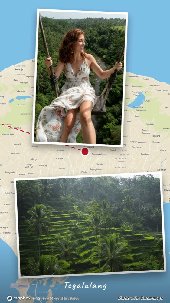 A frame from a Roamango film: photos from Tegalalang printed onto the map, joined by a dashed red route